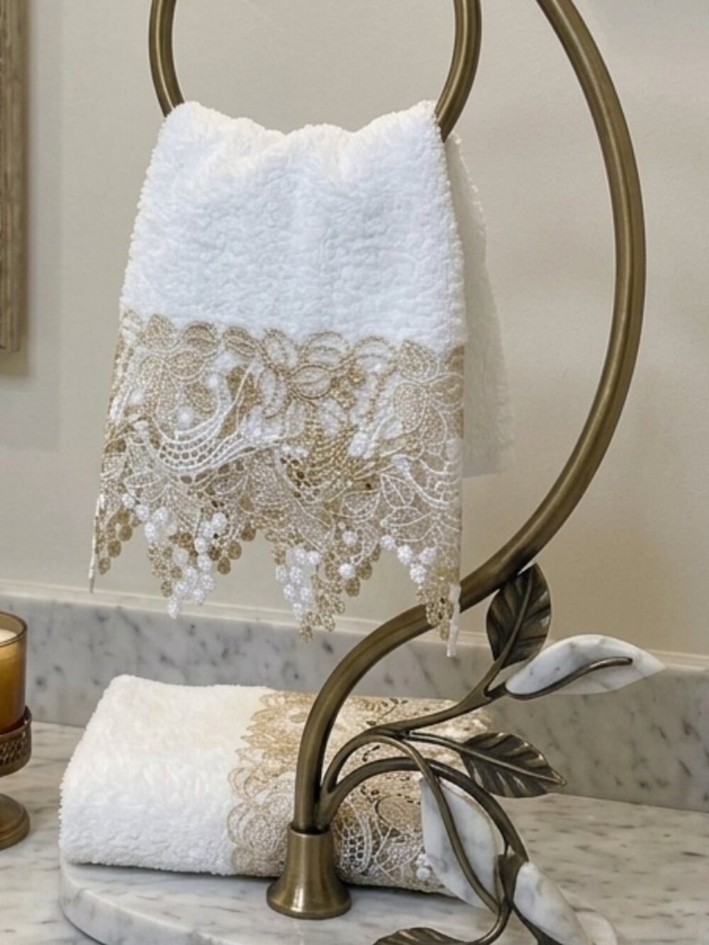 Vintage Set of 2 White and Gold Stitchsations Thick Hand Towels with Lace